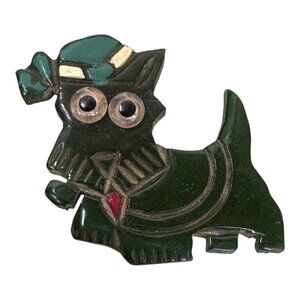 Vintage Bakelite Scottie Dog Brooch Whimsical Kitch Carved Dark Green Pin 1.5"